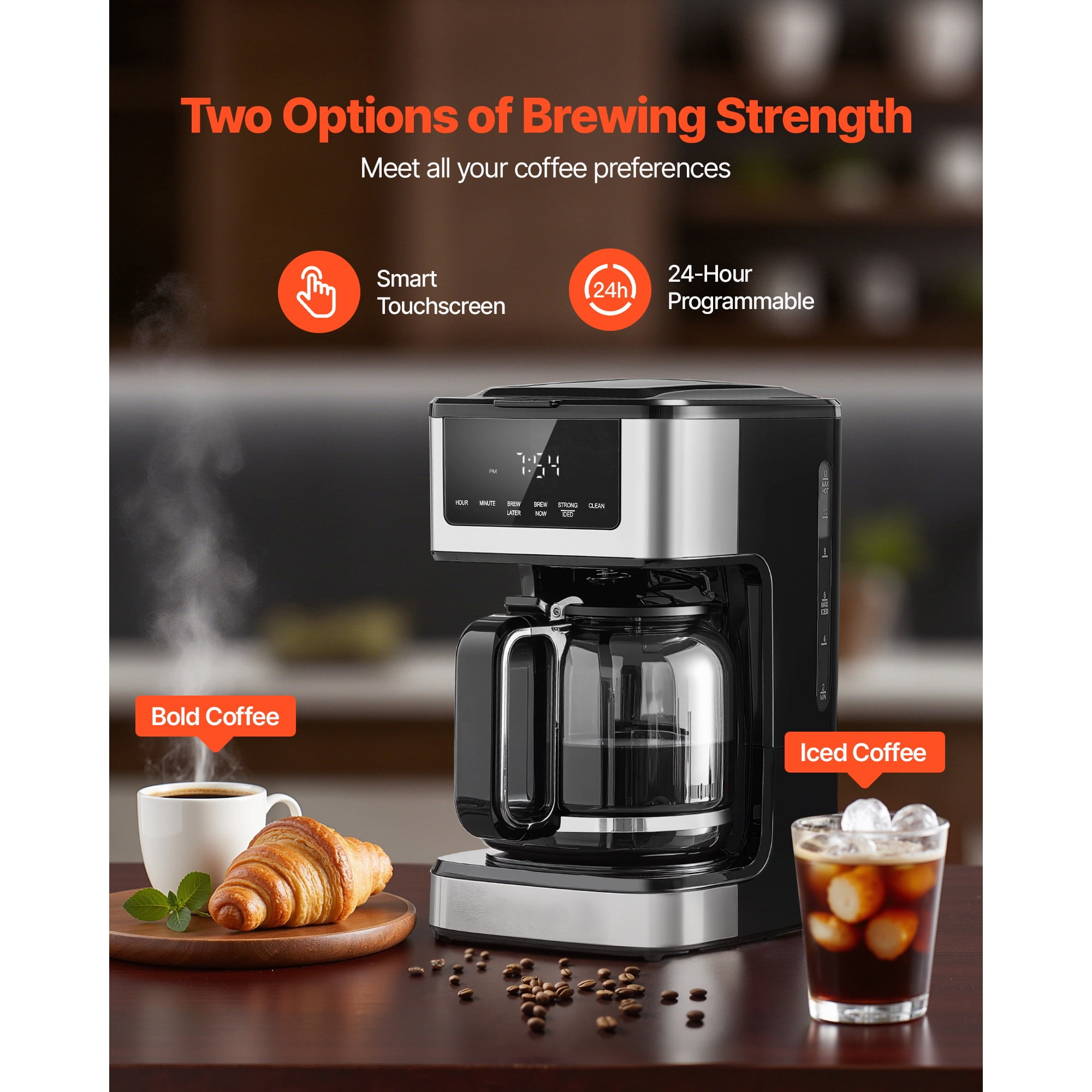 KFFKFF Programmable 12-Cup Drip Coffee Maker with Touch Screen, 4-Hour Keep Warm Function, Adjustable Brew Strength, and 24-Hour Timer for Home Use