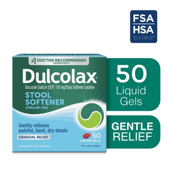 Dulcolax Stool Softener Laxative Liquid Gel Capsules, Gentle Constipation Relief for Hard, Dry Stools, Docusate Sodium 100 mg, 50 Count