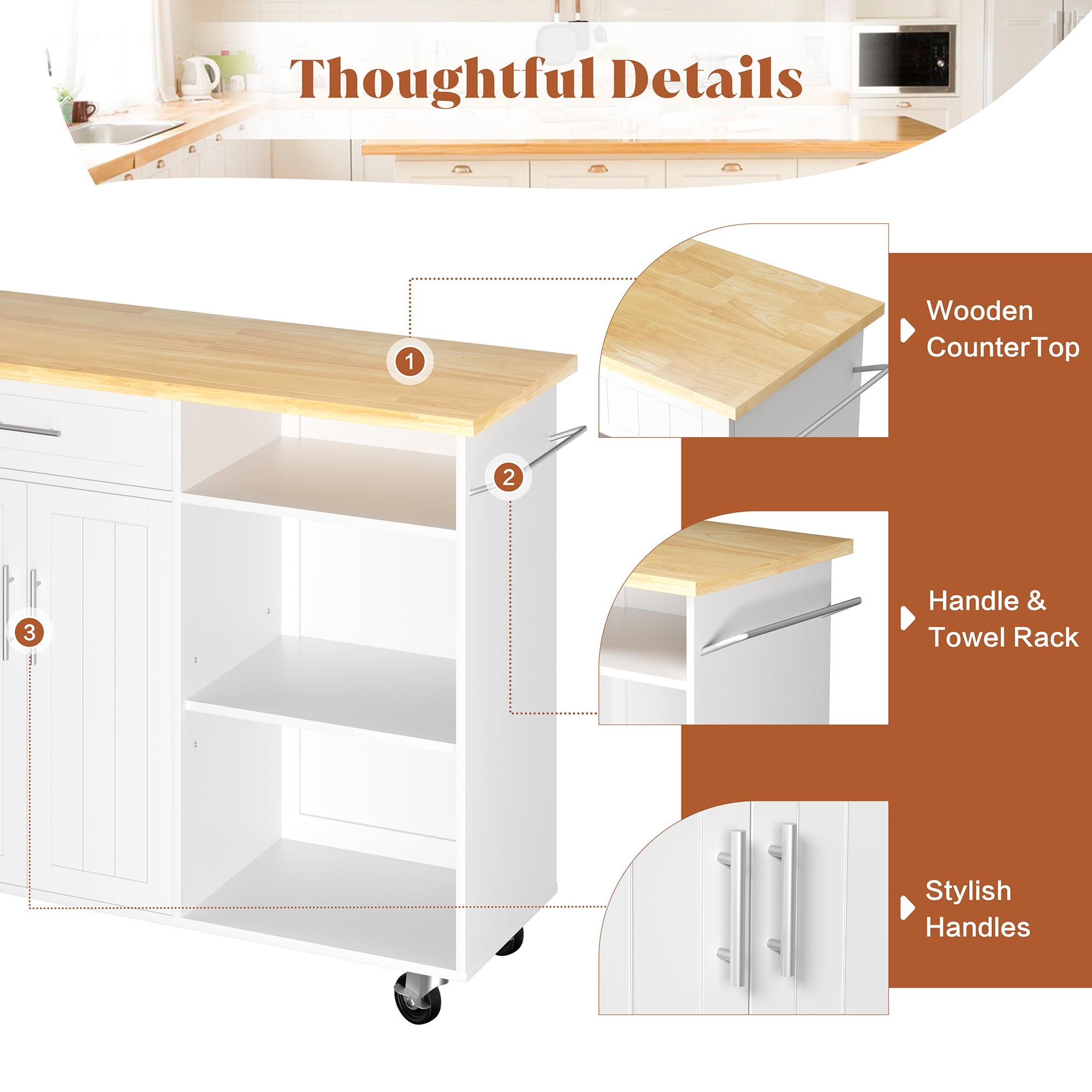 Walsunny 42" Kitchen Island Cart with Storage,Rolling Kitchen Island Side Table on Wheels with Large Worktop,Storage Cabinet,Towel Rack and Drawers,White