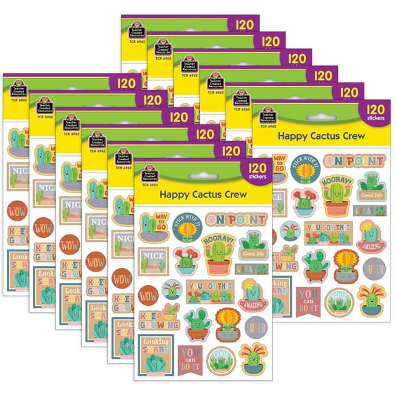 Teacher Created Resources Happy Cactus Crew Stickers, 120 Per Pack, 12 Packs