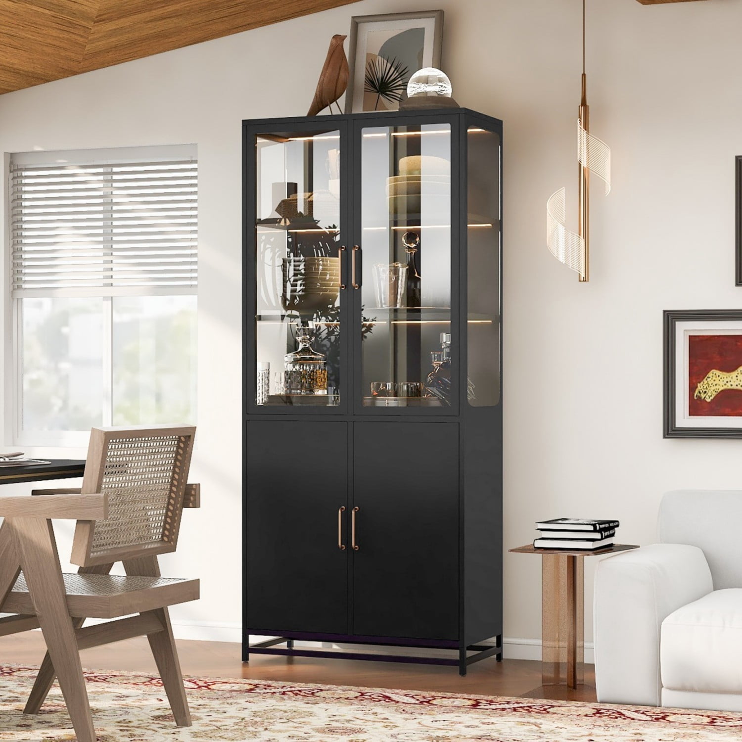 76.75" Tall Glass Display Cabinet with LED Lights, Steel Curio Cabinet with 3-Sided Glass, Double Door Storage Cabinet for Kitchen Living Room Office Pantry Home Decor, Black