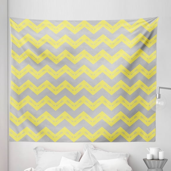 Chevron Tapestry, Zig Zag Pattern with Tribal Arrows Prehistoric Abstract Design, Fabric Wall Hanging Decor for Bedroom Living Room Dorm, 5 Sizes, Yellow Pale Grey, by Ambesonne