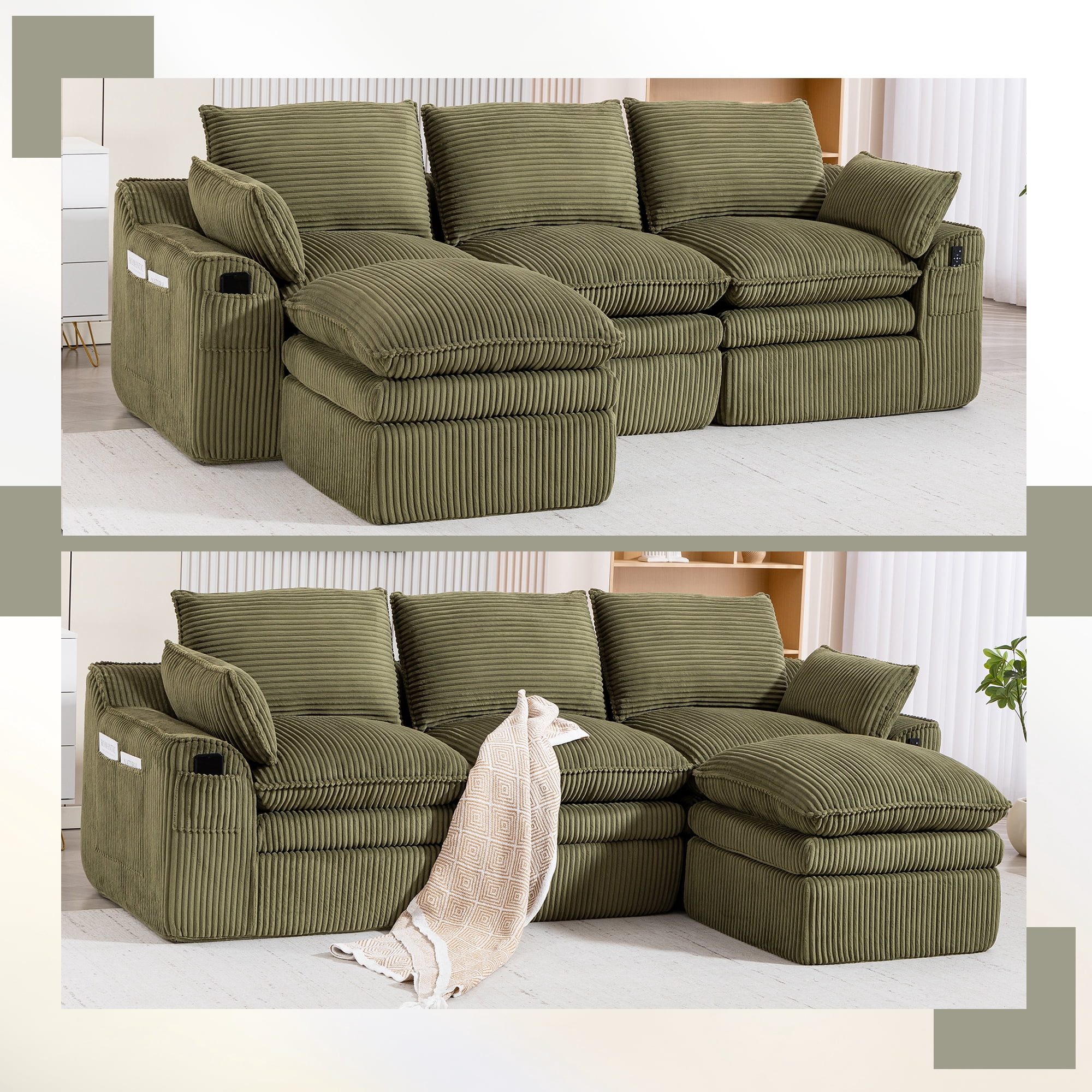 104" Modern Modular L-Shaped Sectional Cloud Sofa, Compressed Corduroy Floor Couch with Movable Ottoman