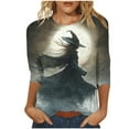 thumbnail image 1 of WZXFASHION 2025 T-Shirts d'Halloween pour Femmes Manches 3/4 T-Shirts Graphiques Sorcière Tops de Festival Chandails en Molleton Col Rond Articles en Liquidation T-shirt à Manches Longues pour Femmes, 1 of 5