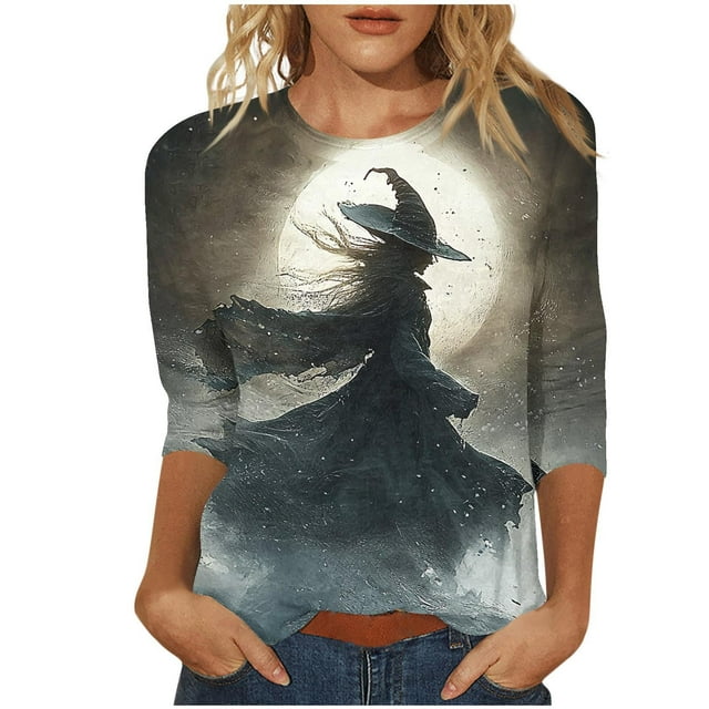 WZXFASHION 2025 T-Shirts d'Halloween pour Femmes Manches 3/4 T-Shirts Graphiques Sorcière Tops de Festival Chandails en Molleton Col Rond Articles en Liquidation T-shirt à Manches Longues pour Femmes