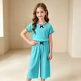 thumbnail image 4 of Amidoa Girls 2 Piece Outfits Summer Clothes Solid Color Cute Short Sleeve T-Shirt and Shorts Casual Kids Clothing Sets,Blue Size 7, 4 of 9