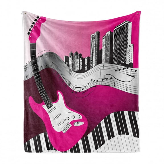Music Soft Flannel Fleece Throw Blanket, Bass Guitar Keyboard Urban Rock Backdrop Rhythm of City Illustration, Cozy Plush for Indoor and Outdoor Use, 50" x 70", Hot Pink Pale Grey Black, by Ambesonne