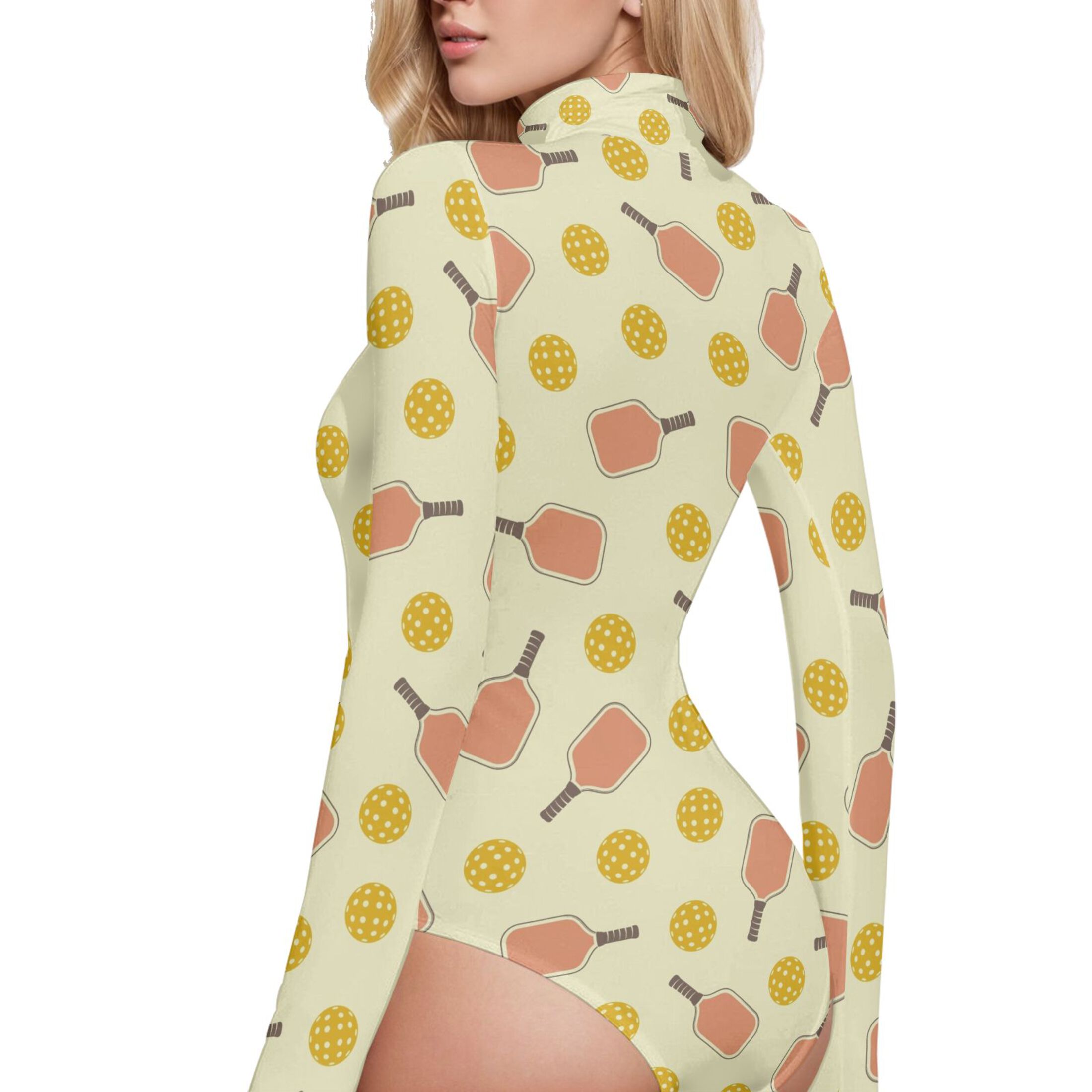 joogoo Yellow Pickleball Balls Women's Mock Turtle Neck Long Sleeve Bodysuit L