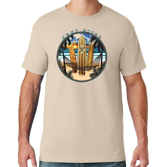 Mens Manu Bay Surf Company JUST CHILL SURFING T-shirt, Large Sandstone