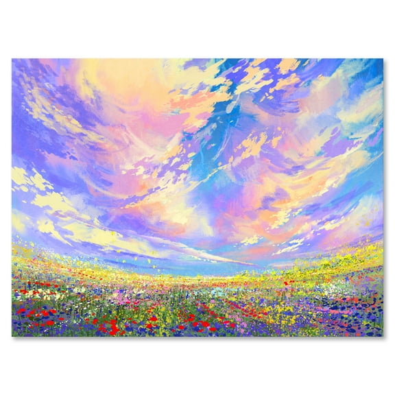 Designart ' Gorgeous Clouds Over Colorful Flowers In Field ' Traditional Canvas Wall Art Print