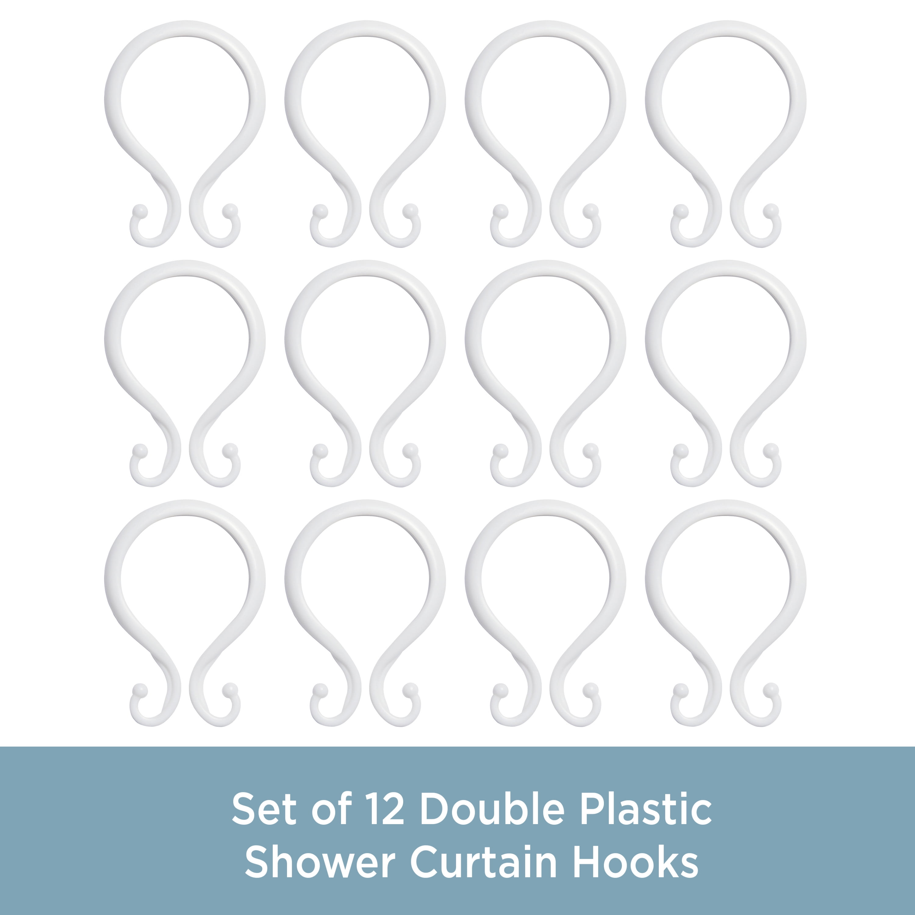 Kenney Rust-Proof Plastic Shower Curtain Double Hooks, Set of 12, Clear 