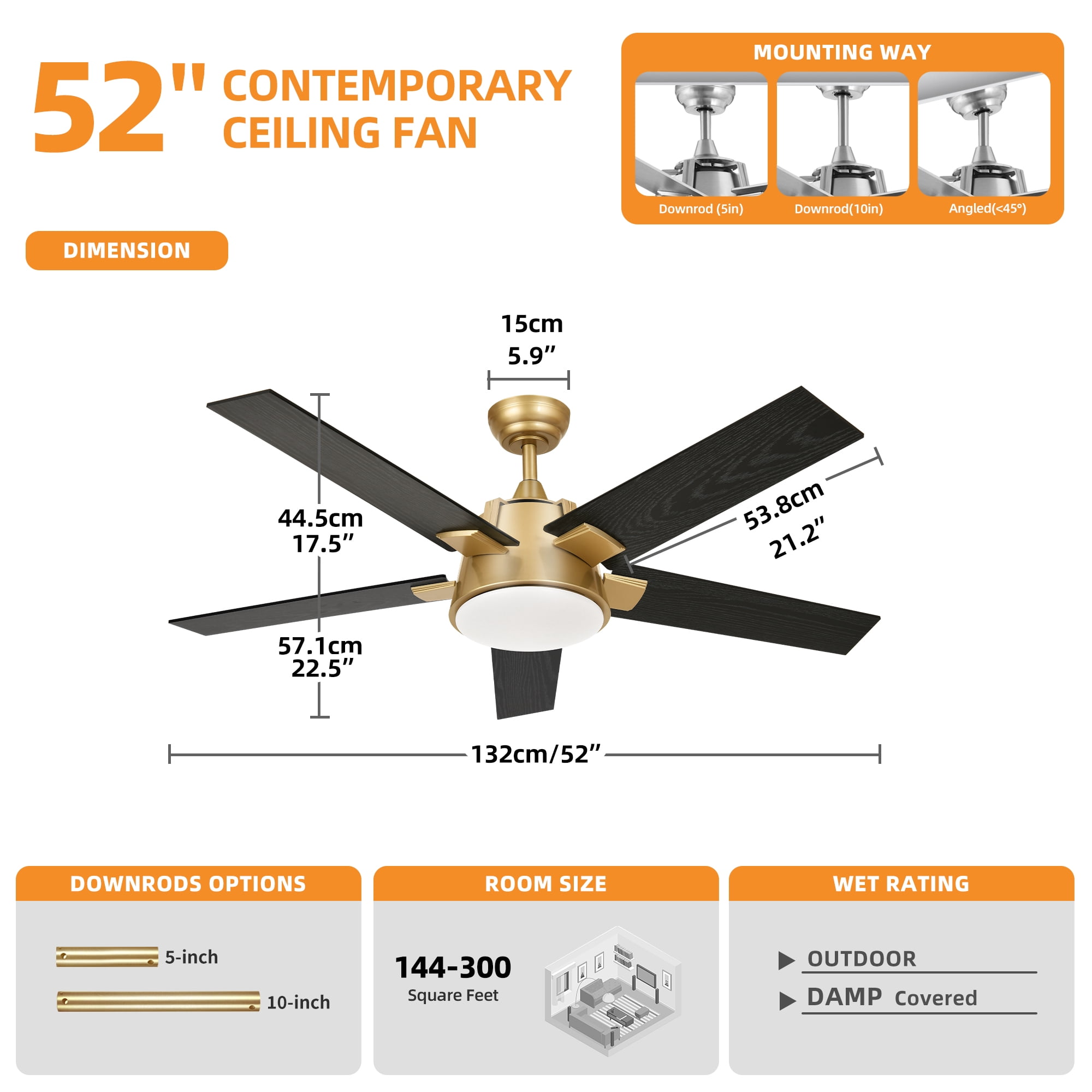 Craftian 52 Inch Modern Ceiling Fan with Light and Wall Switch Remote, Smart Ceiling Fan with 6-Speed 5 Blades - Black & Gold