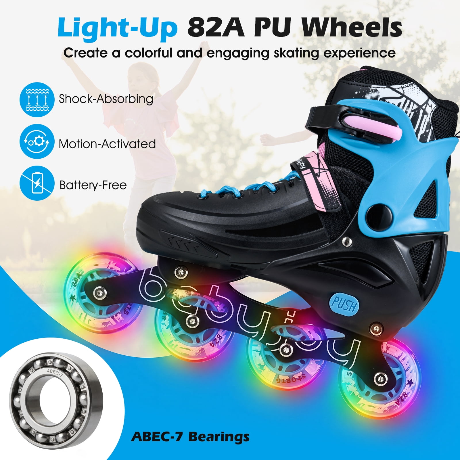 Babyjoy 4-Size Adjustable Light-Up Roller Skates with Illuminating Wheels & Safety Support Black