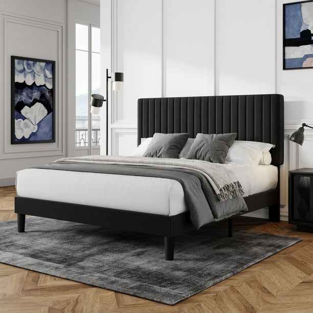 Allewie Queen Size Velvet Upholstered Platform Bed Frame with Adjustable Vertical Channel Tufted