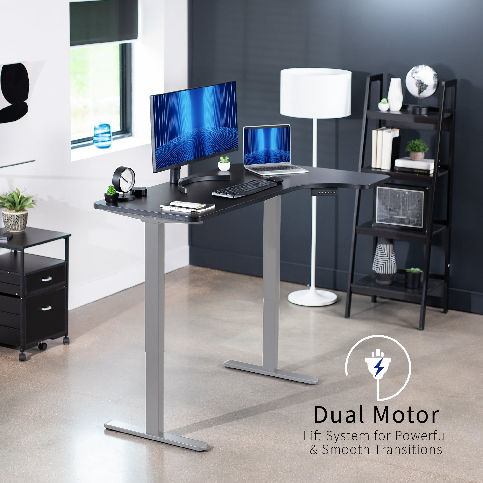 VIVO Electric 58" x 35" Dual Motor Standing Corner Desk, Black Top, Gray Frame