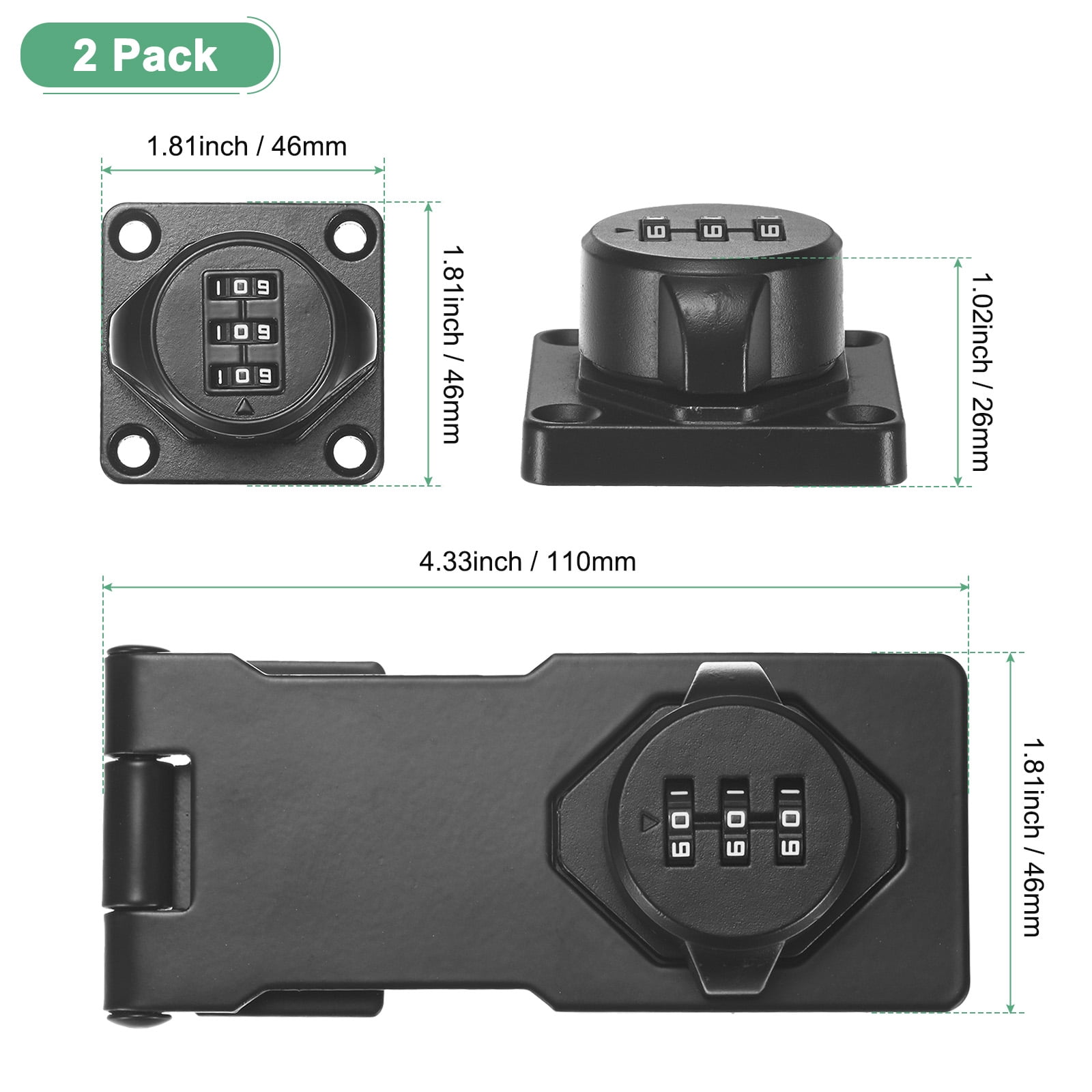 2-Pack Keyless Combination Lock, 4.3" Zinc Alloy Mechanical Password Twist Knob Hasp Locks Latch, 90/180 Degree Barn Door Lock for Cabinet/Closet/Garage/Drawers/Garden [Black]