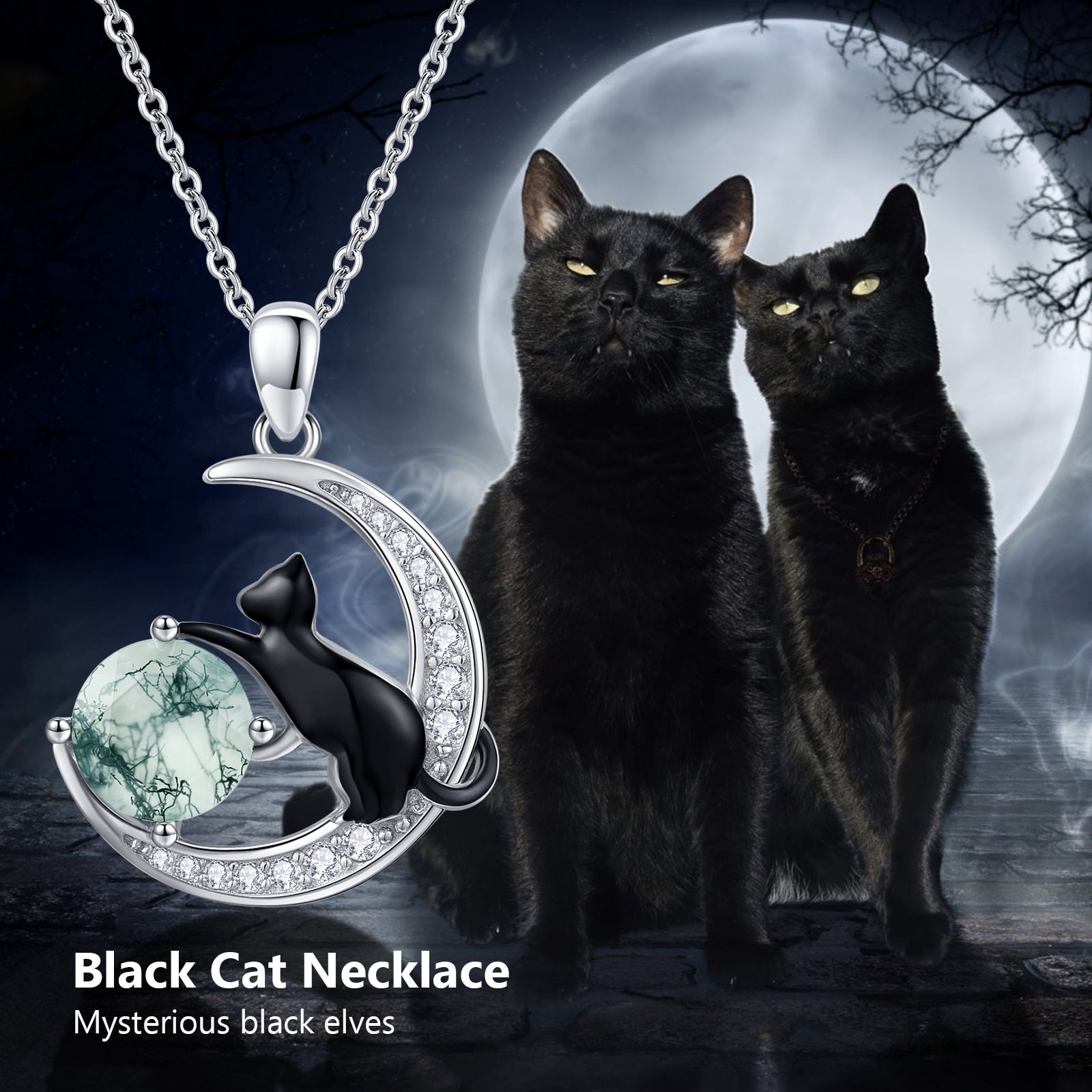 Coachuhhar Cat Necklace 925 Sterling Silver Cute Animal Pendant Necklace Moss Agate Jewelry Gifts for Women