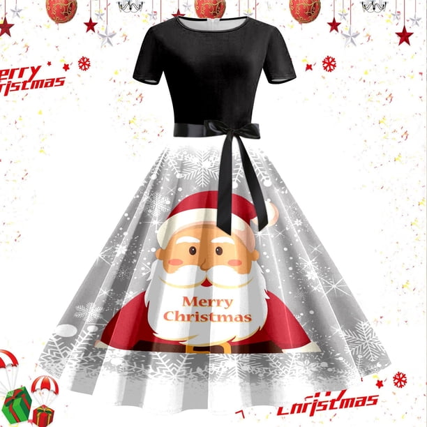 Vestidos de Mujer Vestido de Fiesta de Noche de Manga Corta Con Estampado Navideño de Los Años 50