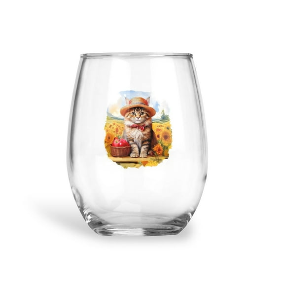 Vintage Maine Coon Say Hello Mother's Day Summer Sunflower Field 15oz Stemless Wine Glass Mug Cat Lover Kitten Owner Gifts Wine Glasses Cup - 12005