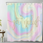 Modern Abstract Marble Shower Curtain for Bathroom, Blue and Gold Marble Textured Funny Quotes Get Naked Fabric Shower Curtain with Hooks, Colorful Pastel Bathroom Curtains Shower Set, 72x78 inches