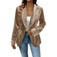 thumbnail image 3 of Aobny Blazers for Women Business Casual Mid-Length Long Sleeve Velvet Jackets Plain Mid-Weight Blazer Jackets,Khaki,XL, 3 of 9