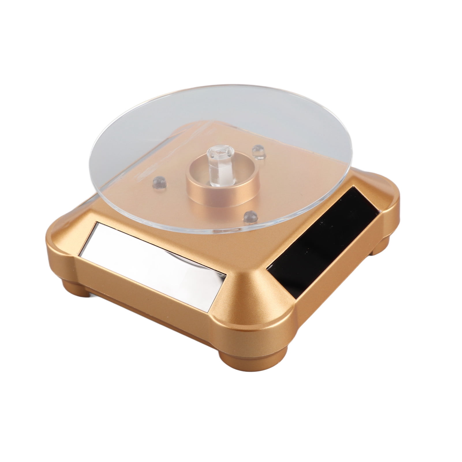 Solar Powered LED Rotating Turntable Display Stand with Dual Lights for Jewelry Watches and Phones, 360 Degree Clockwise Counterclockwise Exhibition Plate, Gold (3.5 inches / 9cm)
