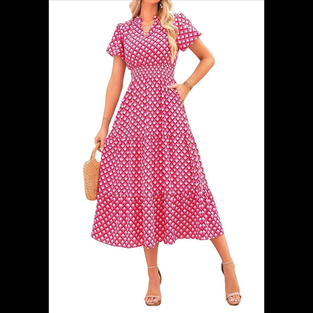 Vestidos Largos Verano para Mujer 2025, Informales, con Escote en V, Mangas Abullonadas, Fruncidos Holgados, Estilo Bohemio, para Playa, con Estampado Floral, Color Rosa, M