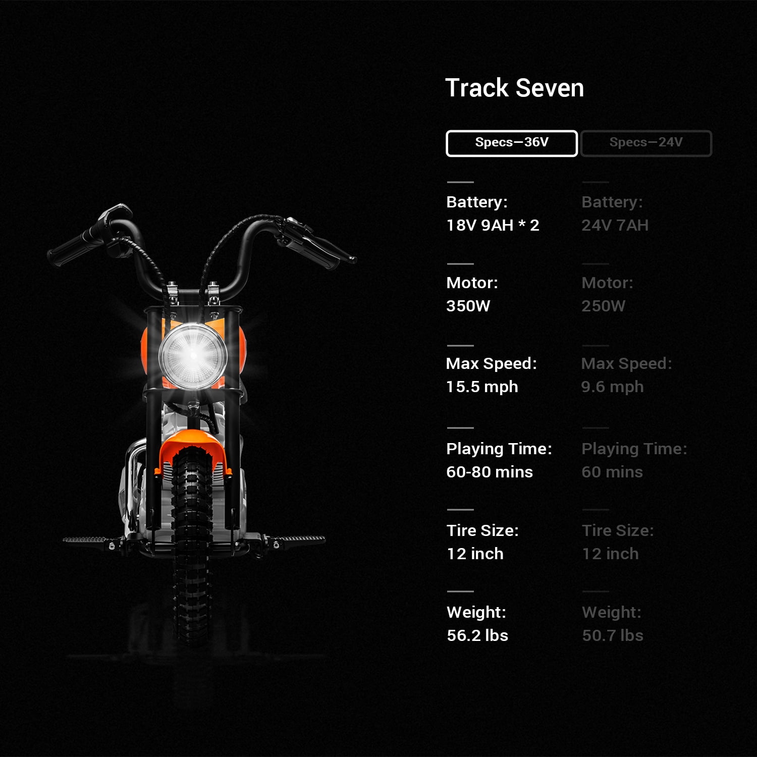 Track 7 36V Electric Dirt Bike, 350W Ride on Motorcycle with Twist Grip Throttle, Hand-Operated Brakes, Key Start, Off-Road Motocross Speed Up to 15 mph, Orange