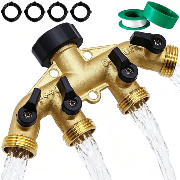 4-Way Brass Garden Hose Splitter, 3/4 inch Faucet Connector with Valves, Washers & Thread Tape, Hose Spigot Adapter 4 Valves