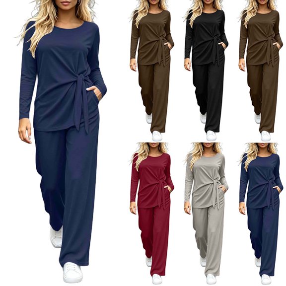 AnuYalue Women's Plus Size 2 Piece Outfits Long Sleeve Blouse and Pants Solid Loungewear Sets Travel Outfits
