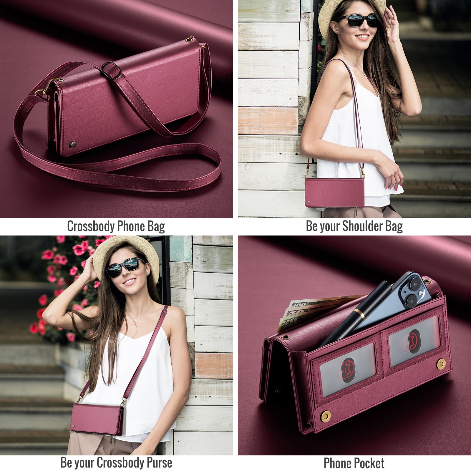 ELEHOLD Phone Bag Wallets for Women Girls,Luxury PU Leather Wallet Bag Crossbody Handbag with Phone Pocket Zipper Pocket Large Capacity Credit Card Holders Wriststrap Shoulder Strap,Winered