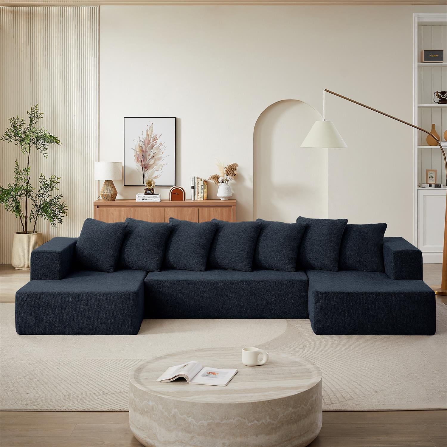 Demi Bonn 128" Luxury Chenille U-Shaped Sectional Sofa Set, Minimalist Modular Design, Cloud-like Comfort Couch for Living Room, Premium Chenille Fabric, Blue