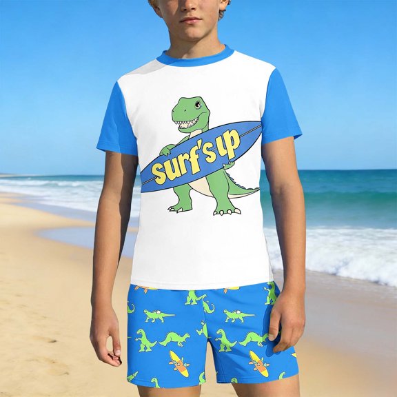ITSAME Boys Swimsuit Set Short Sleeve Tops and Swim Trunks 2-Piece Quick-Dry Summer Beach Swimwear Multicolor Size 9-10