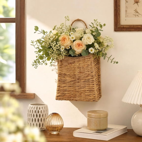 Woven Hanging Basket Organizer Rack with Handle for Wall Mounted Storage and Home Decor