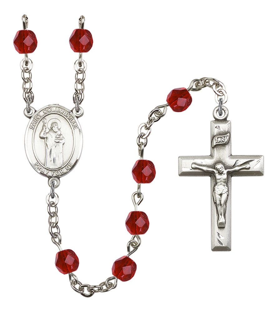 Bonyak Jewelry 18 Inch Rhodium Plated Necklace w/ 6mm Red July Birth Month Stone Beads and Saint Columbkille Charm