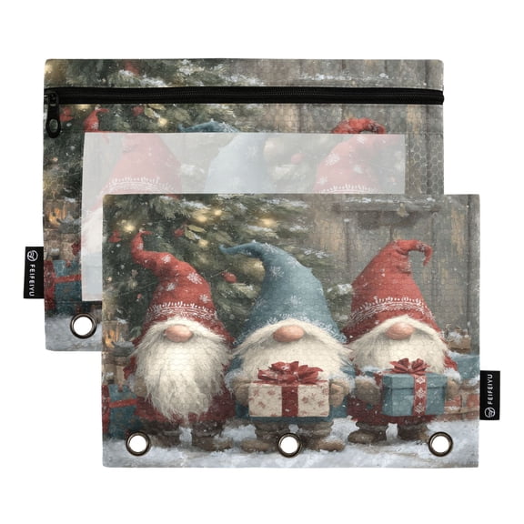 Three Cute Dwarfs Hold Christmas Gift Retro Binder Pouches Zipper Pocket Document Storage 3 Rings 2 Packs A5 Size