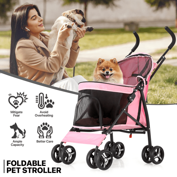 Wubio Pink Foldable Dog Stroller Adjustable Canopy Breathable Pet Travel Carrier Cart