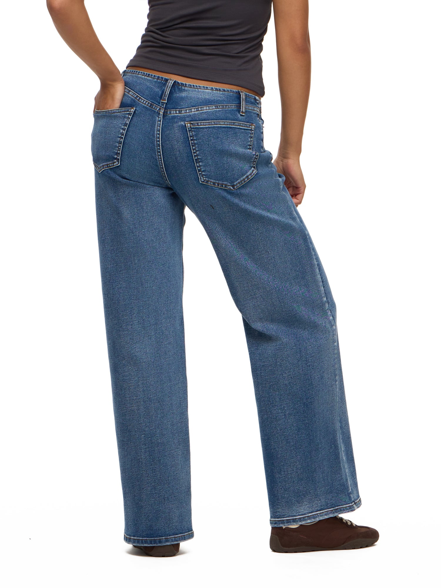 Forever 21 Women's No Waist Wide Leg Denim Pants, Stretch Cotton Blend Jeans, Mid Rise Casual Everyday Denim Style, Medium Acid Wash, Blue, 00-18