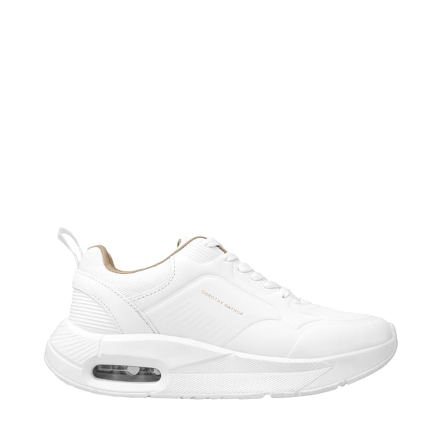 tenis rosalía color blanco d14170238620 22 zapatilla deportiva blanca Dorothy Gaynor, vista lateral derecha centrada; suela plataforma con cámara de aire visible, cierre con cordones, corte en material liso con paneles texturizados y tirador trasero. Hecho en México; diseño novedoso y máximo confort; suele usarse para uso diario y looks casuales.