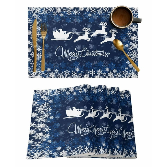 Merry Christmas Elk Placemats Set of 1 Winter Snowflake Navy Background Heat Insulation Washable Place Mats, Rustic Non-Slip Table Mats for Dining Table Party Kitchen Decor,13x19 Inch
