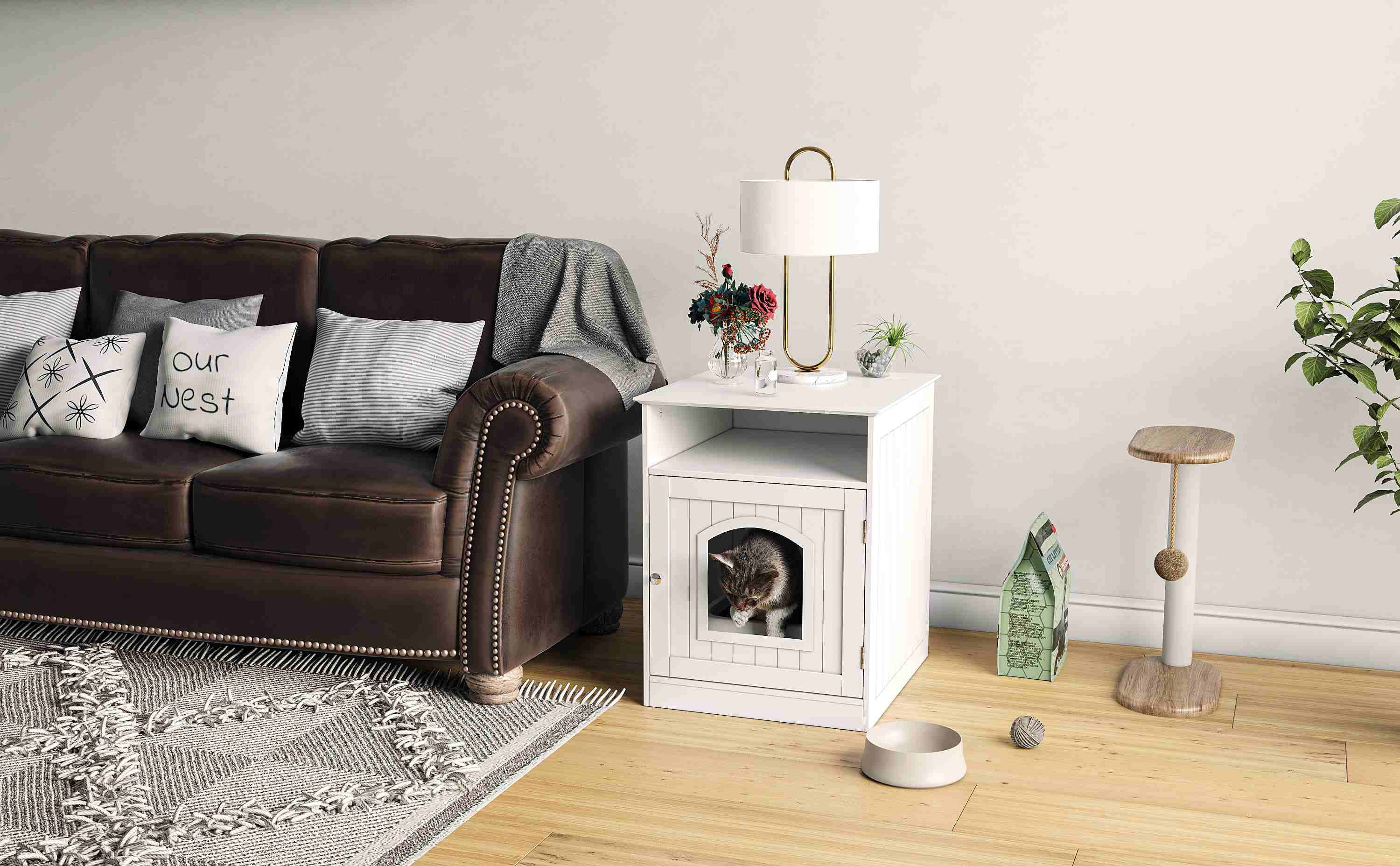 STAROUS Home Cat Litter Box Enclosure, Hidden Litter Box Furniture Cabinet Indoor Cat House Side Table(White)