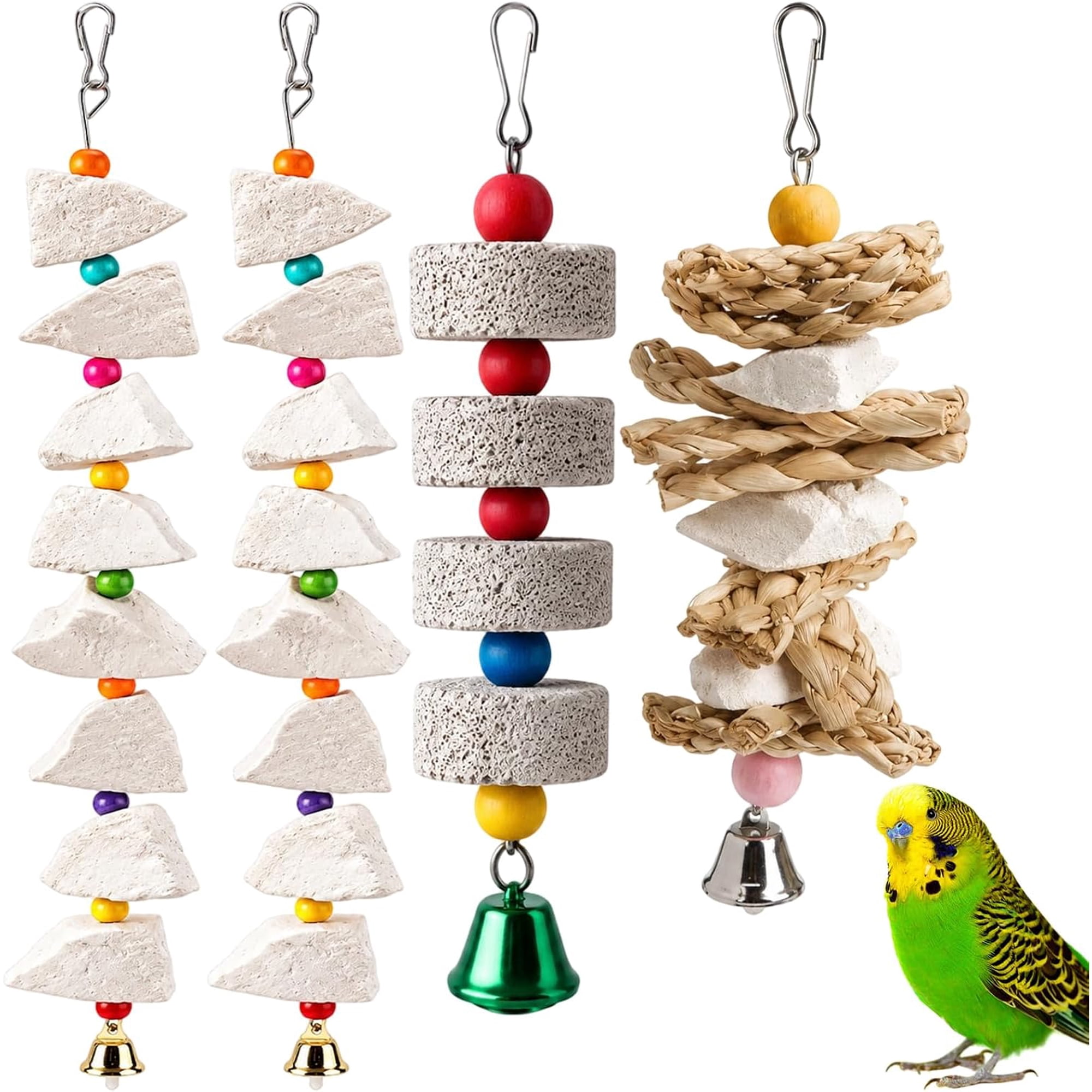 Cuttlebone for Birds, Parakeet Toys, 4 Pcs Cockatiel Toys, Beak Grinder for Birds for Small Medium Hanging Cage Accessories, for African Grey Parrots, Amazon Conures, Eclectus Parrots, Budgerigars