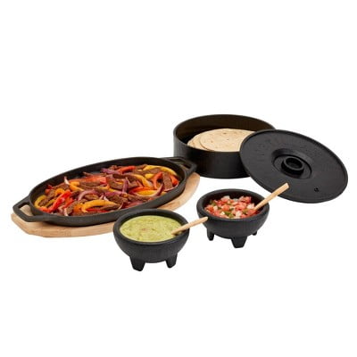 8pc Fajita Set: Cast Iron Cookware, Gas & Induction Compatible, Includes Storage Containers & Spoon
