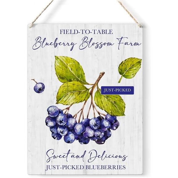 Summer Decorations for Home Office, Summer Blueberry Sign, Blueberry Kitchen Decor, Blueberry Blossom Farm Wooden Sign, Spring Front Door Wall Plaque Decor 5x10 Inch