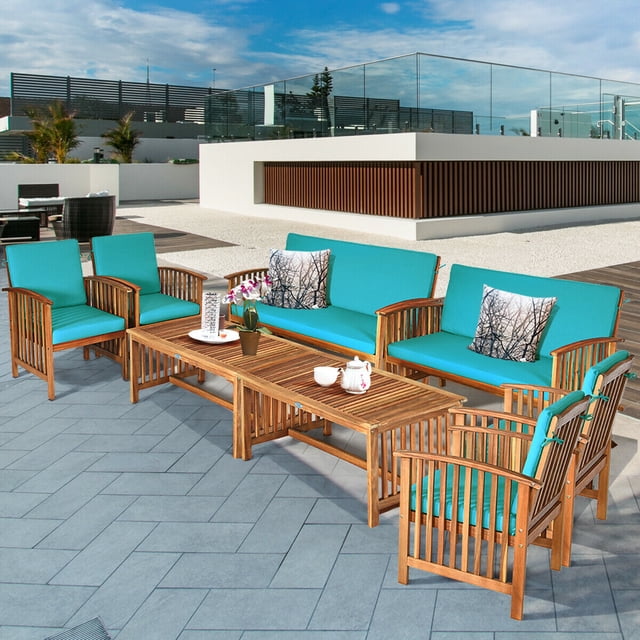 Gymax 8PCS Wooden Patio Conversation Set Outdoor Furniture Set w/ Cushions Turquoise
