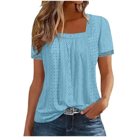 Enridrech Summer Shirts for Women Short Sleeve Square Neck Tunics Top Casual Loose Breathable Shirt Blouses Tops