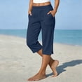 thumbnail image 2 of Women's Straight Capri Pants, Elastic Waist Cropped Trousers with Side Buttons, Lightweight Summer Casual Bottoms, 2 of 4
