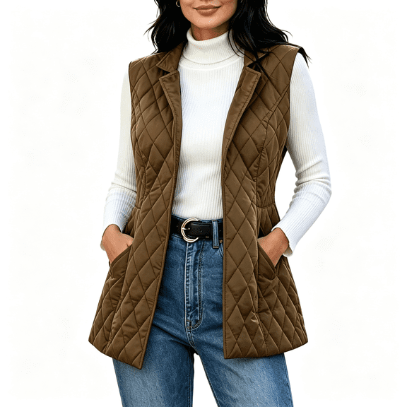 Womens Quilted Vest Outwear with Pockets Open Front Lapel Fall Winter Lightweight Casual Sleeveless Jacket Brown XL