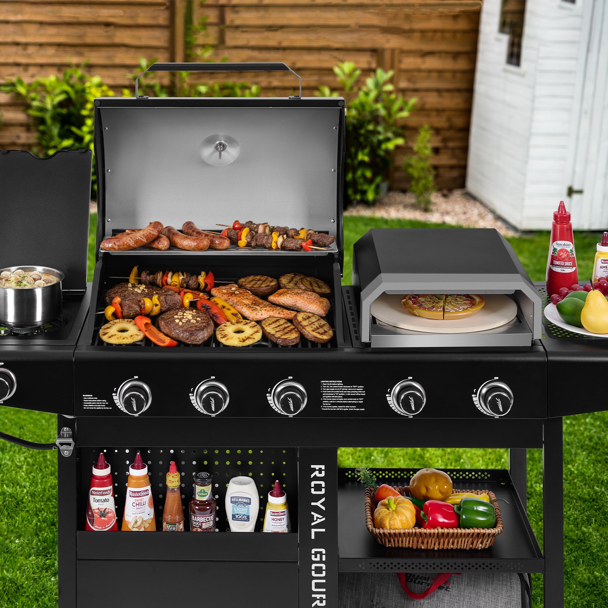 Royal Gourmet ZH3004H Premium Gas Grill and Pizza Oven Combo with Side Burner, 59,000 BTU, Two Swivel Wheels with Brakes, Perfect for Patio and Outdoor Parties, Black