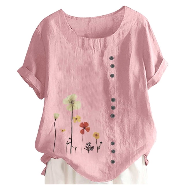 Blouses pour Femmes, T-Shirt d'Été à Col Rond Manches Courtes Mode Décontractée Imprimé Bouton